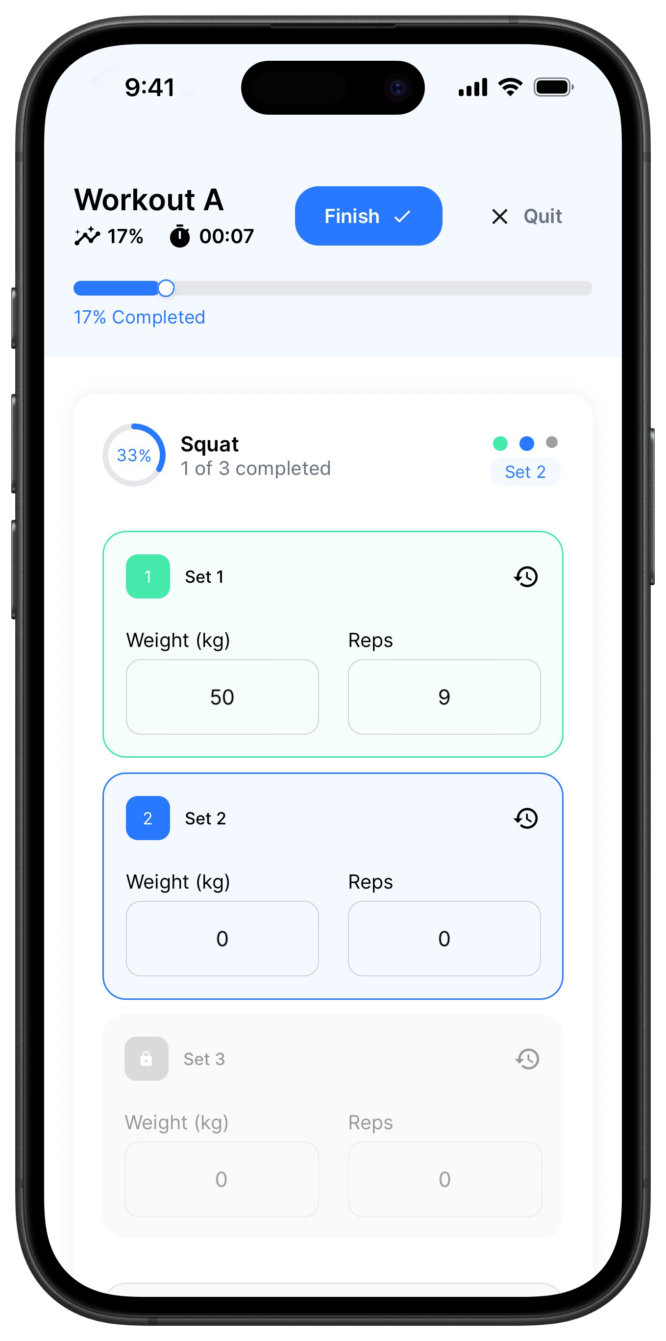 Workout logging screenshot